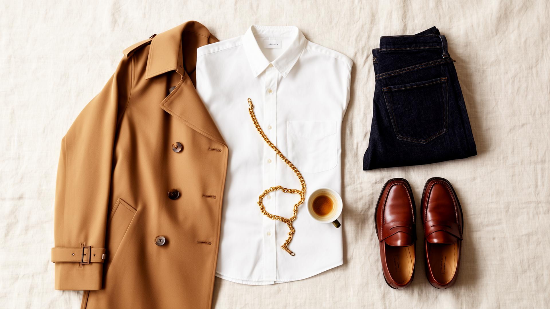 A considered capsule wardrobe laid out as a flatlay