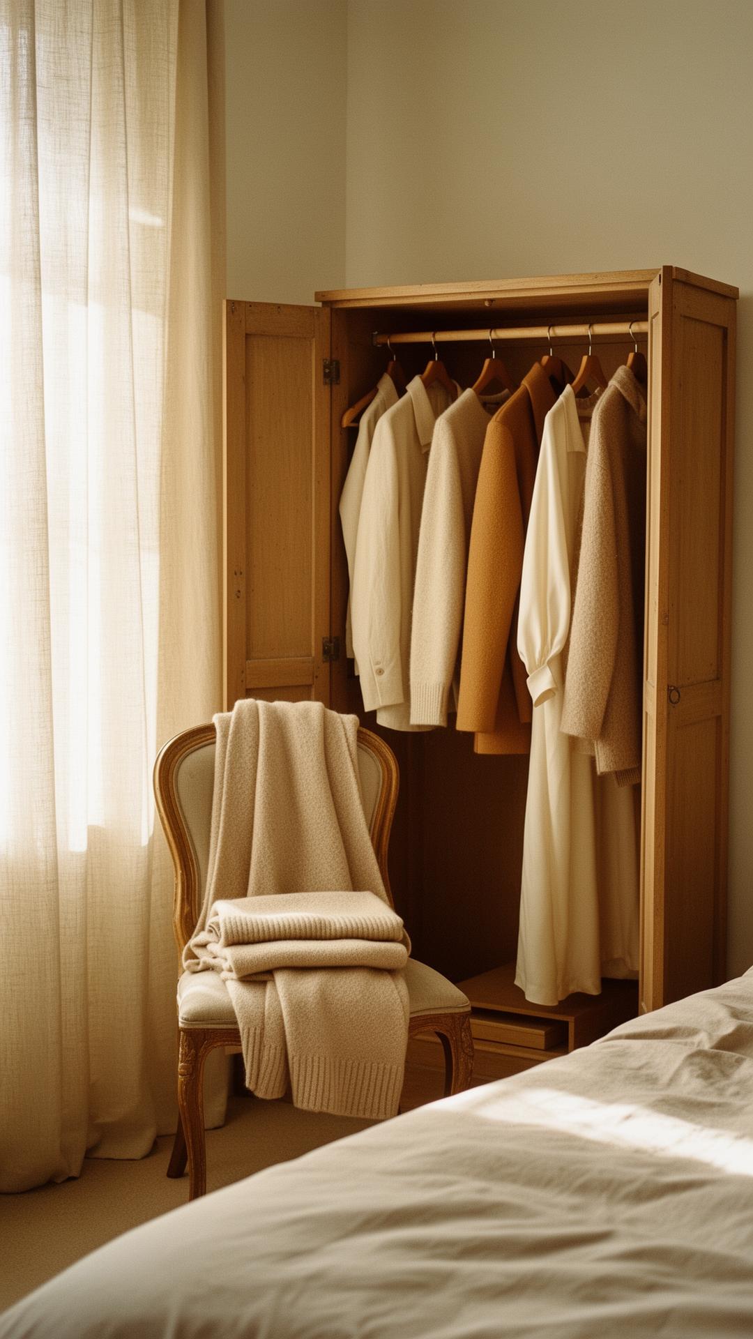 An open wardrobe in soft morning light